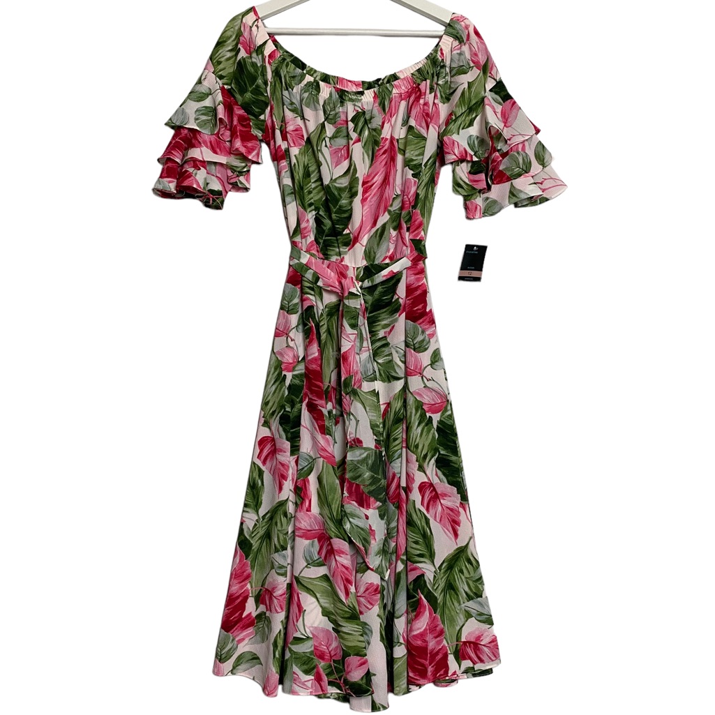 Nwt Gabby Skye Floral Dress Tiered Sleeves Open Neck Detachable Belt Pink Green